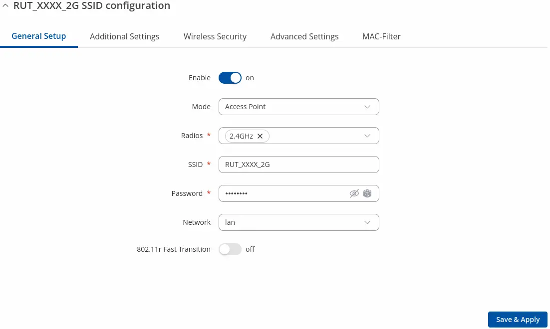 SSID edit window in the RUTX10 WebUI